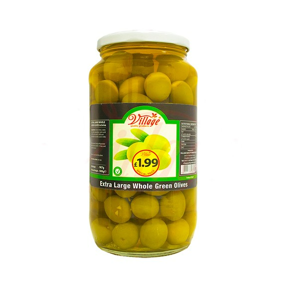 VILLAGE EX-LARGE WHOLE GREEN OLIVES 907GM